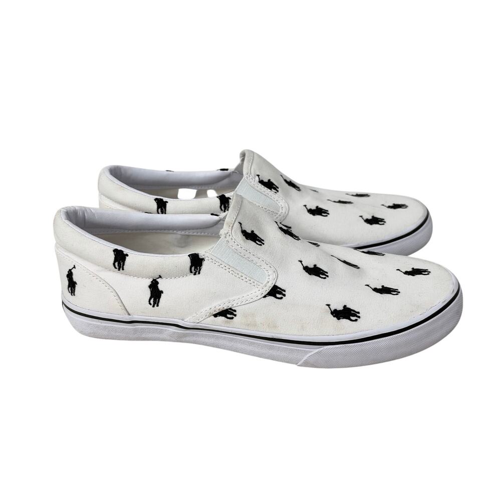 Polo Ralph Lauren Thompson Shoes Mens 11 D White Black Pony Slip On Canvas